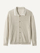 Front flat lay view of OROMEN Contrast Polo Collar Sweater Cardigan in oatmeal with layered white collar