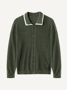 Front flat lay view of OROMEN Contrast Trim Polo Collar Knit Cardigan in olive green with white trim