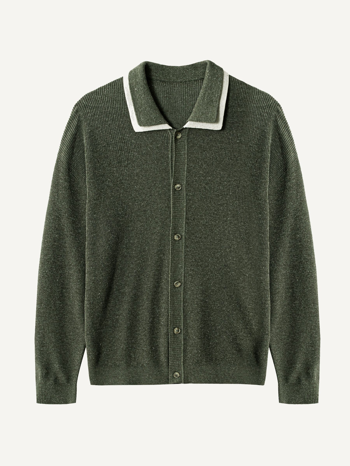 Front flat lay view of OROMEN Contrast Trim Polo Collar Knit Cardigan in olive green with white trim