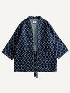 Front flat lay view of OROMEN Diamond Grid Haori Kimono in navy blue with white diamond lattice pattern