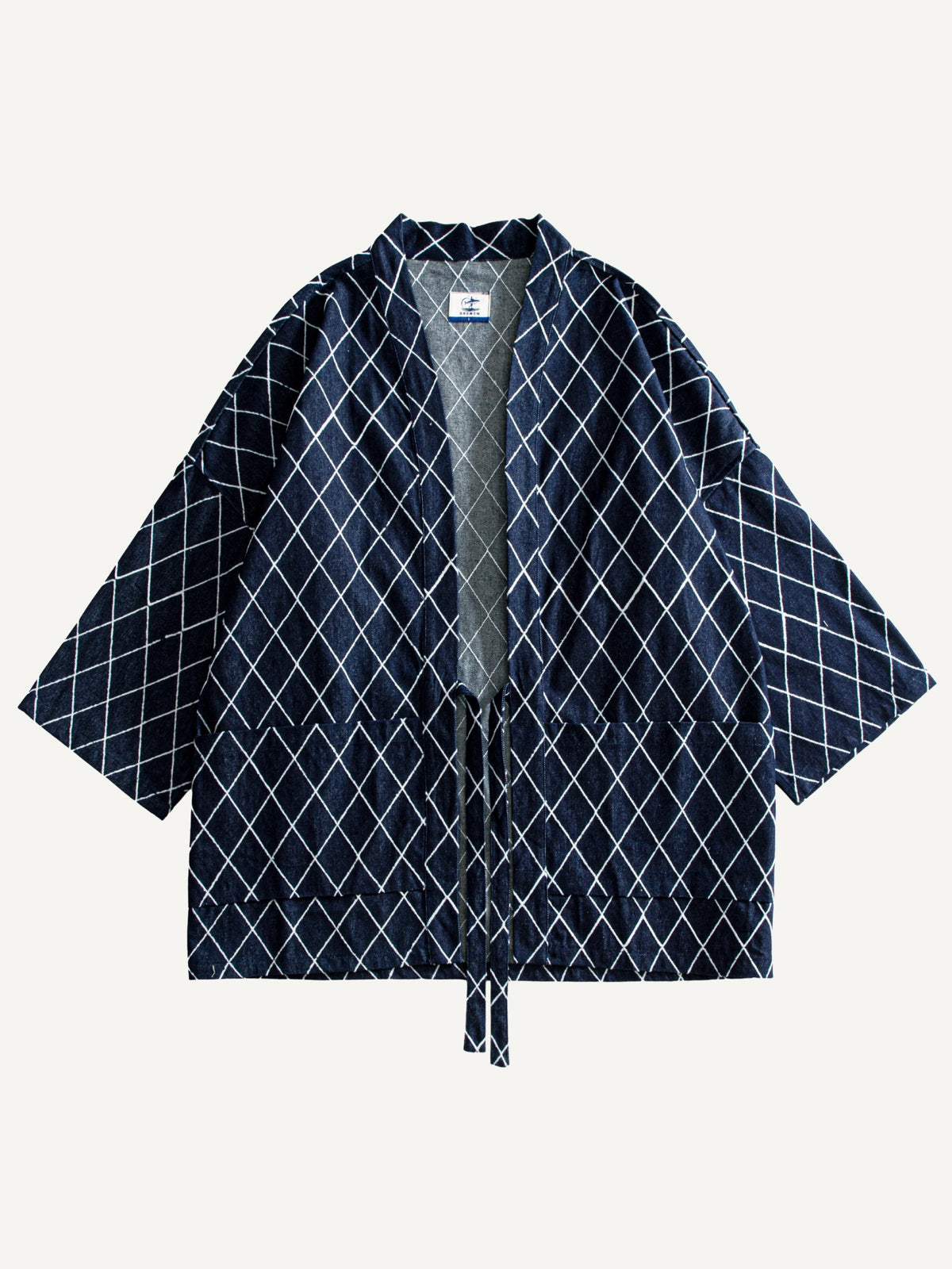 Front flat lay view of OROMEN Diamond Grid Haori Kimono in navy blue with white diamond lattice pattern