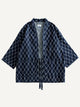 Front flat lay view of OROMEN Diamond Grid Haori Kimono in navy blue with white diamond lattice pattern