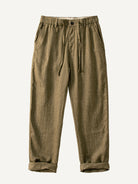 Front flat lay view of OROMEN Herringbone Weave Linen Trousers