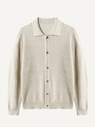 Front flat lay view of OROMEN Horizontal Textured Ribbed Polo Cardigan in oatmeal mélange