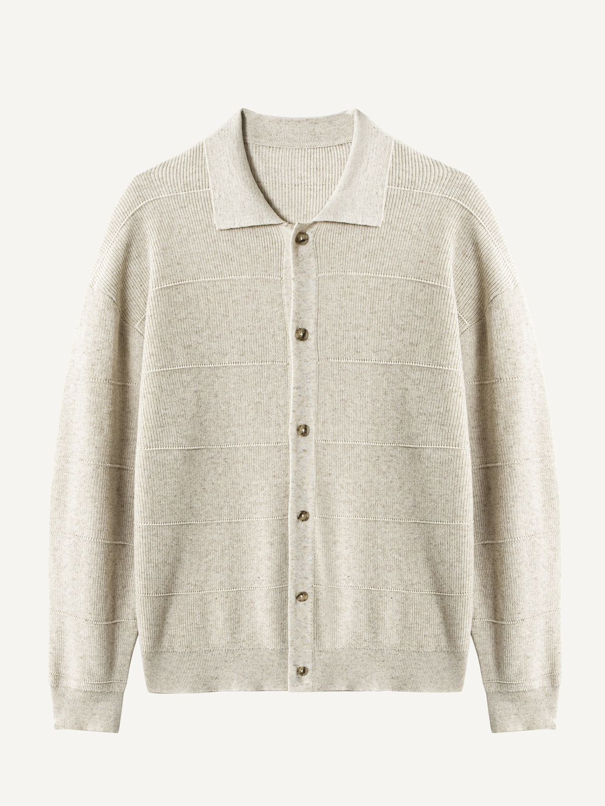 Front flat lay view of OROMEN Horizontal Textured Ribbed Polo Cardigan in oatmeal mélange