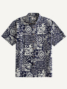 Front flat lay view of OROMEN Indigo Katazome Shirt in navy blue