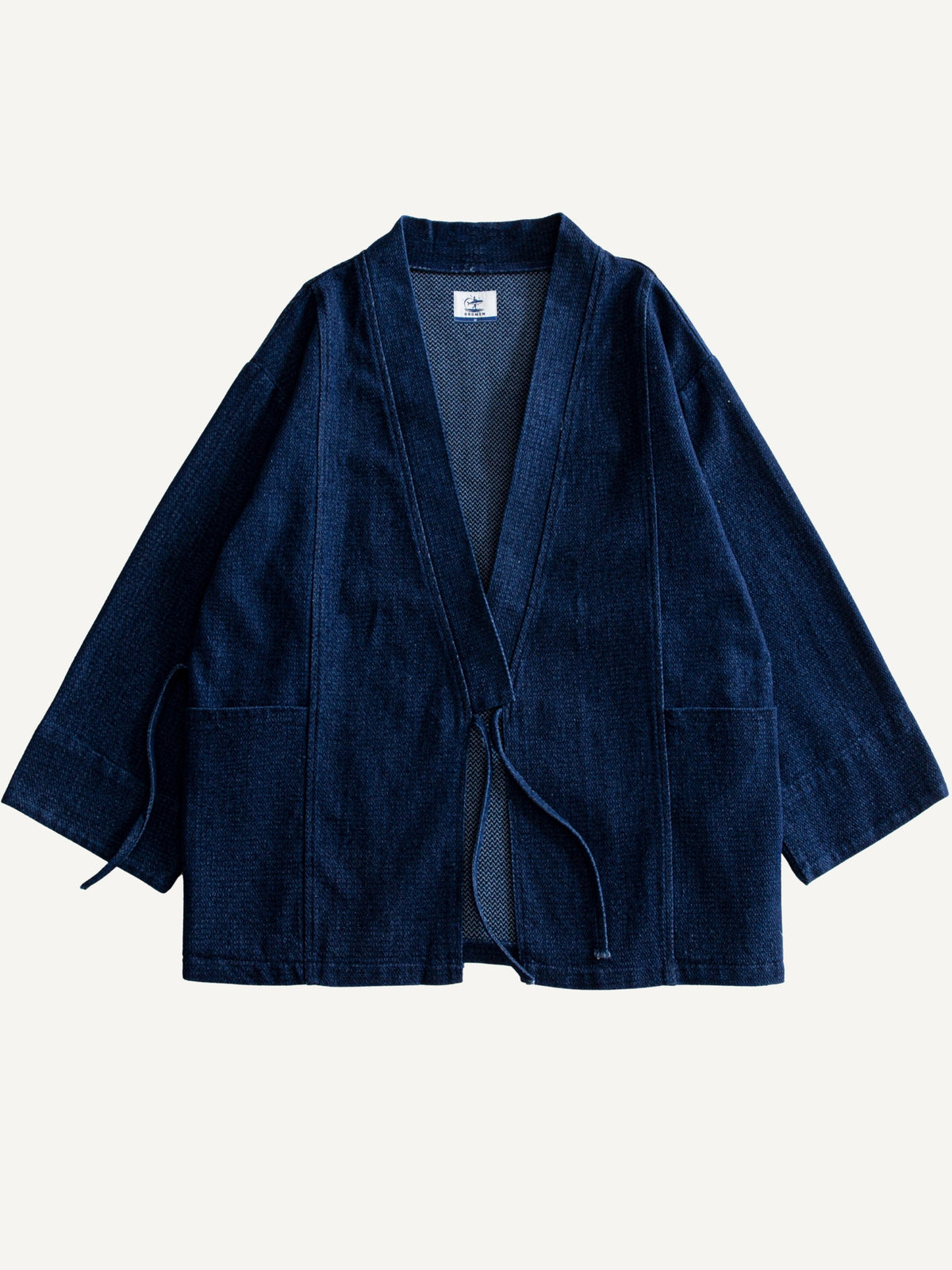 Front flat lay view of OROMEN Indigo Sashiko Haori Kimono