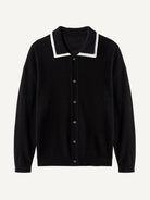 Front flat lay view of OROMEN Monochrome Contrast Trim Polo Knit Cardigan in black with white collar
