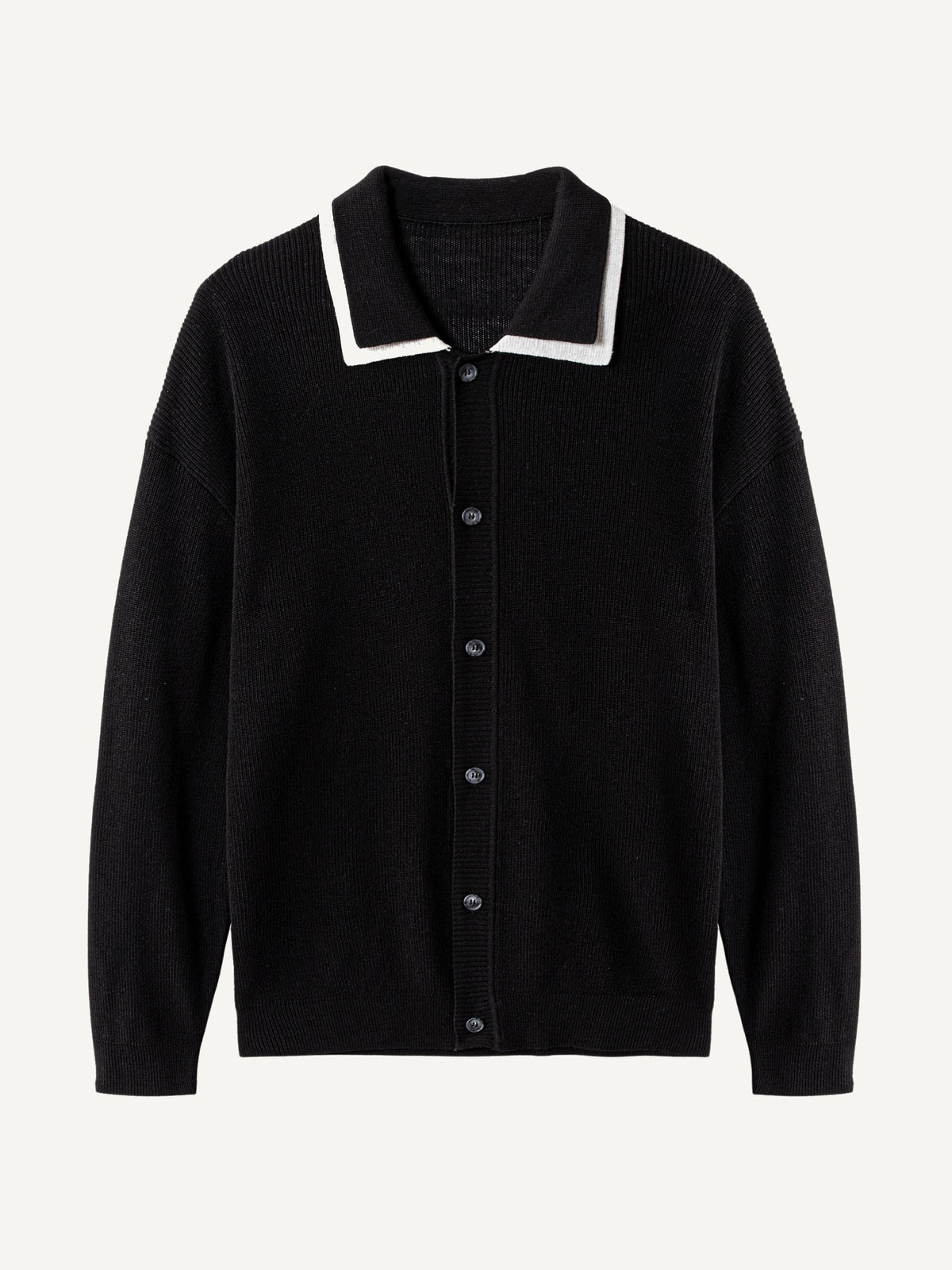 Front flat lay view of OROMEN Monochrome Contrast Trim Polo Knit Cardigan in black with white collar