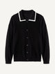 Front flat lay view of OROMEN Monochrome Contrast Trim Polo Knit Cardigan in black with white collar