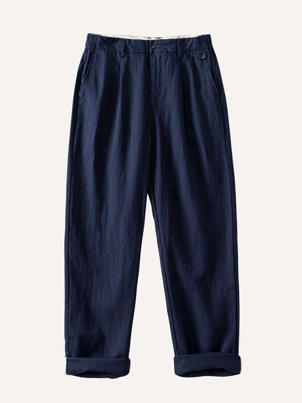 Front flat lay view of OROMEN Pleated Relaxed Fit Linen Trousers in Navy