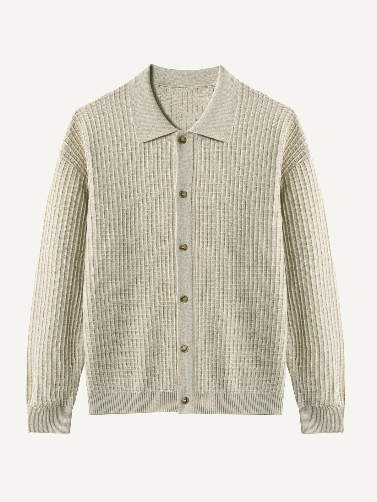 Front flat lay view of OROMEN Ribbed Button-Down Sweater Cardigan in beige