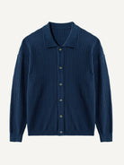 Front flat lay view of OROMEN Ribbed Polo Collar Knit Cardigan in indigo blue