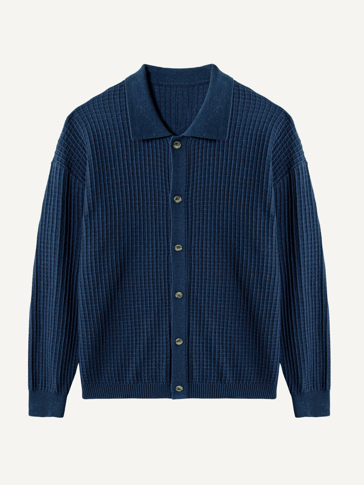 Front flat lay view of OROMEN Ribbed Polo Collar Knit Cardigan in indigo blue
