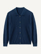 Front flat lay view of OROMEN Ribbed Polo Collar Knit Cardigan in indigo blue