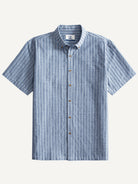 Front flat lay view of OROMEN Sashiko Chambray Cotton Shirt in washed blue