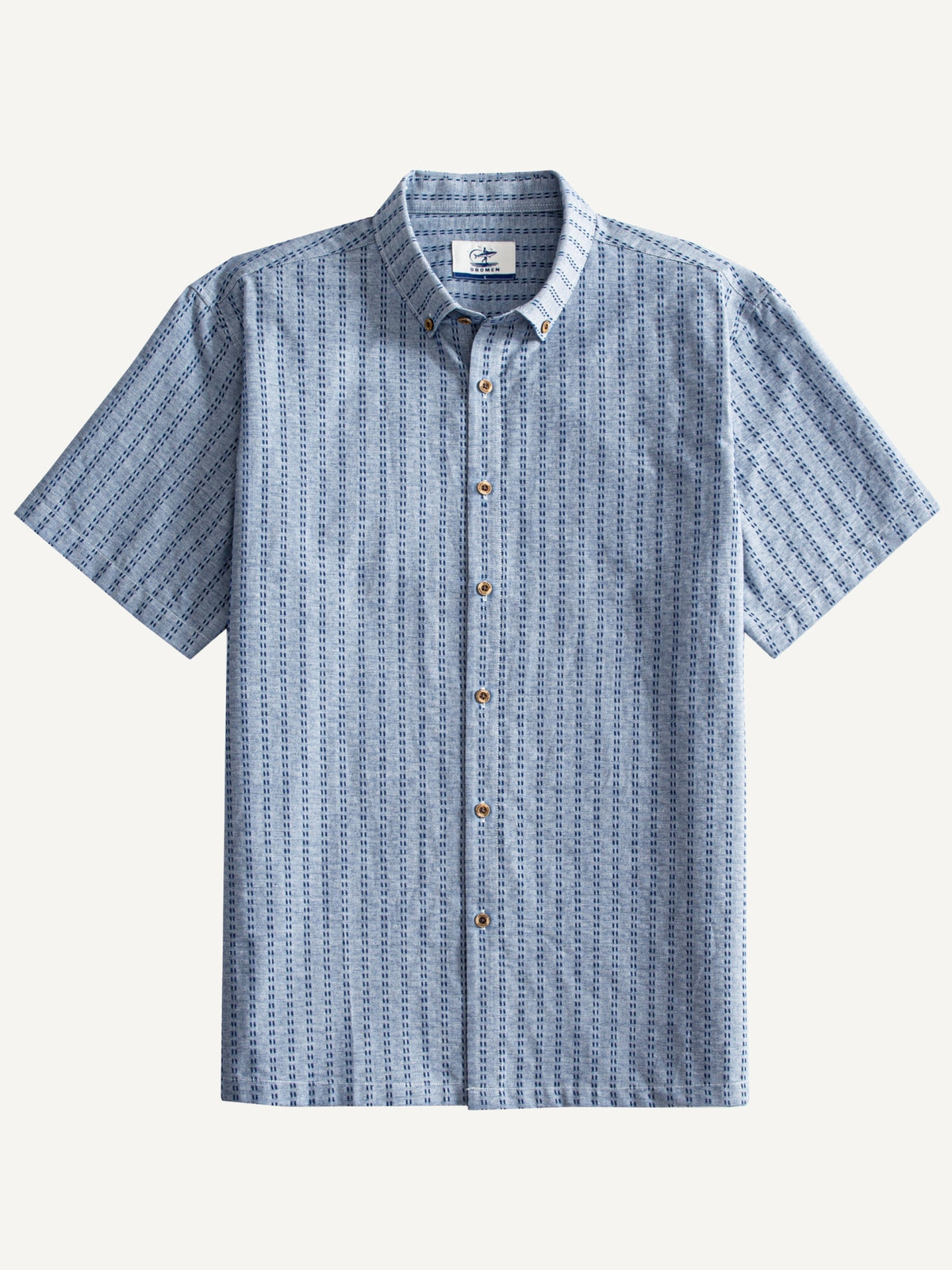 Front flat lay view of OROMEN Sashiko Chambray Cotton Shirt in washed blue