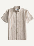 Front flat lay view of OROMEN Sashiko Stripe Cotton Shirt in oatmeal