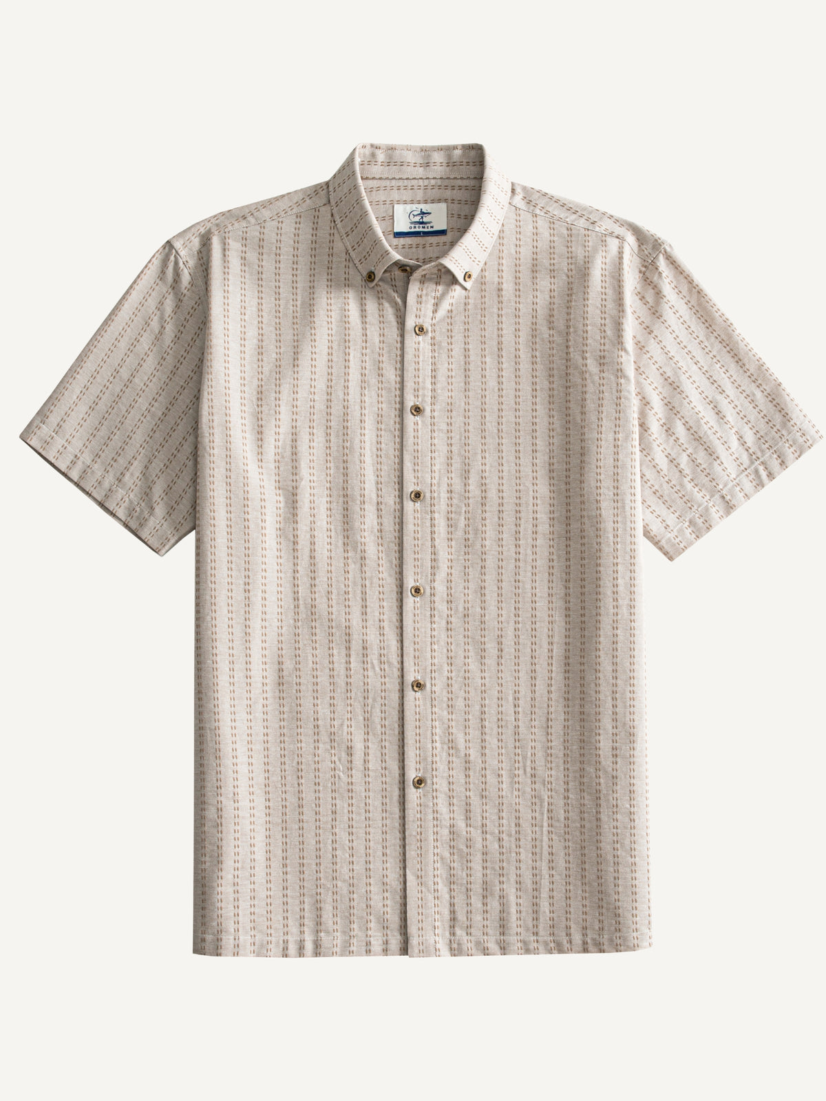 Front flat lay view of OROMEN Sashiko Stripe Cotton Shirt in oatmeal
