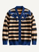 Front flat lay view of OROMEN Scrollwork Stripe Sweater Cardigan in navy blue with cobalt scrollwork and striped pattern