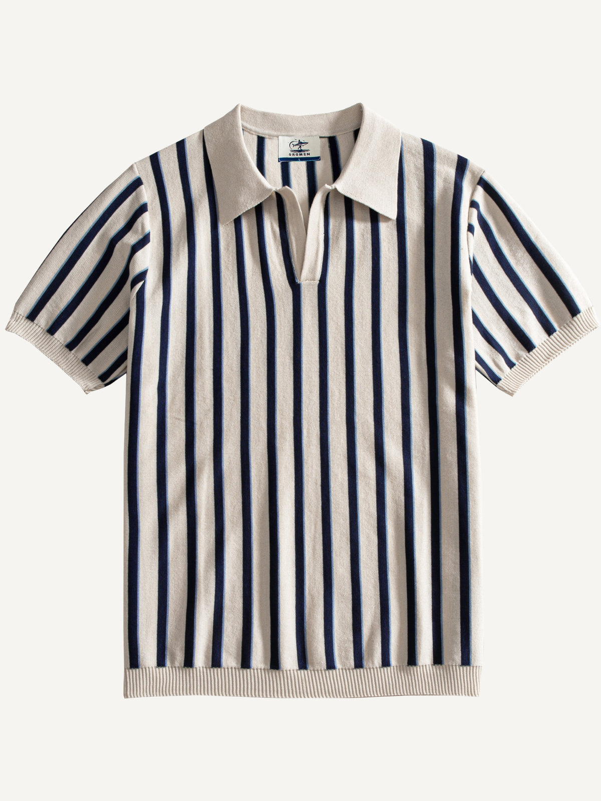 Front flat lay view of OROMEN Stripe Knit Open-Collar Polo