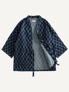 Front view of Diamond Grid Haori Kimono with one side open showing inner lining and drape