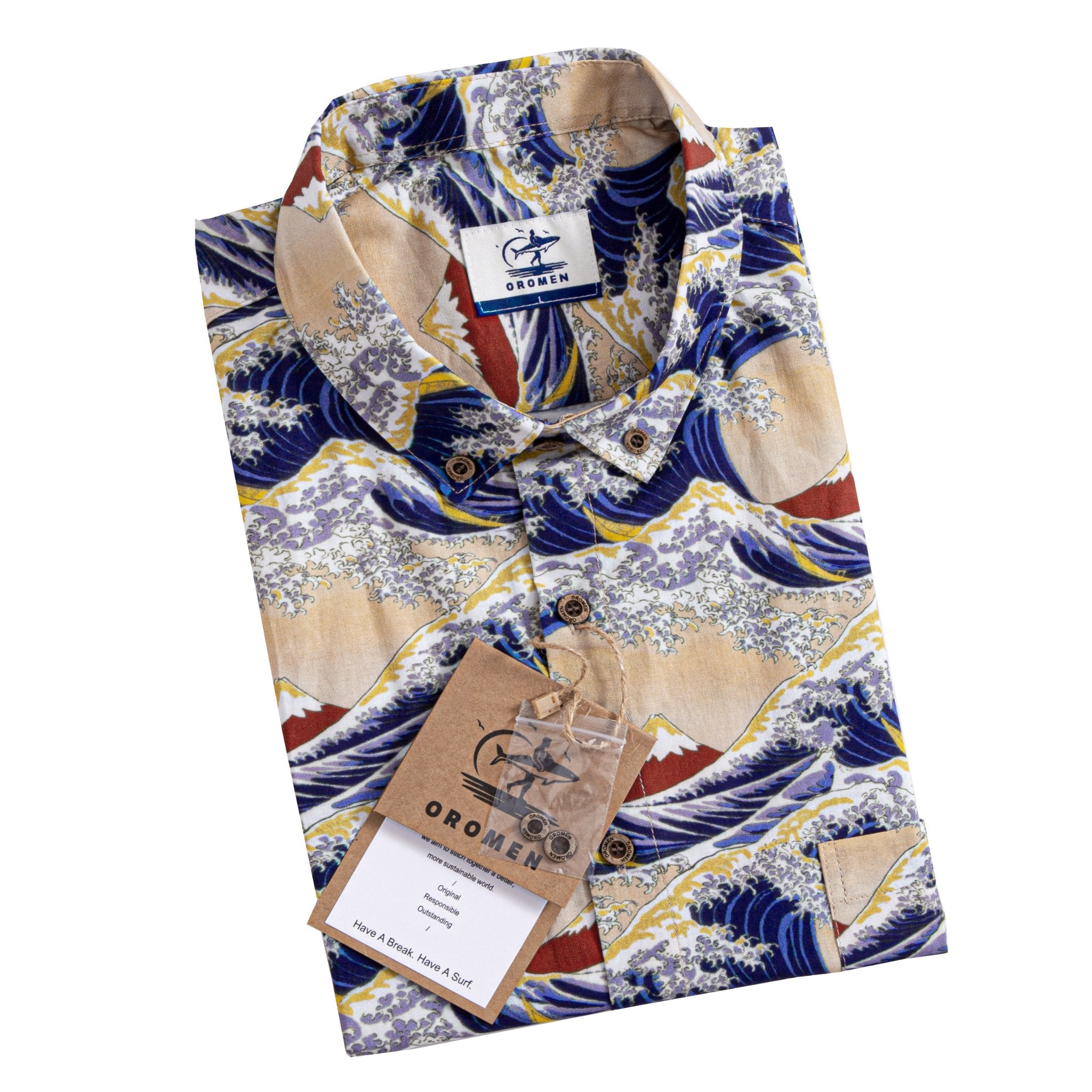 Front view of Japanese ukiyo-e aloha shirt with Hokusai wave pattern and coconut buttons