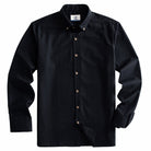 Front view of men's black long-sleeve linen-cotton button-down shirt, flat lay on white background