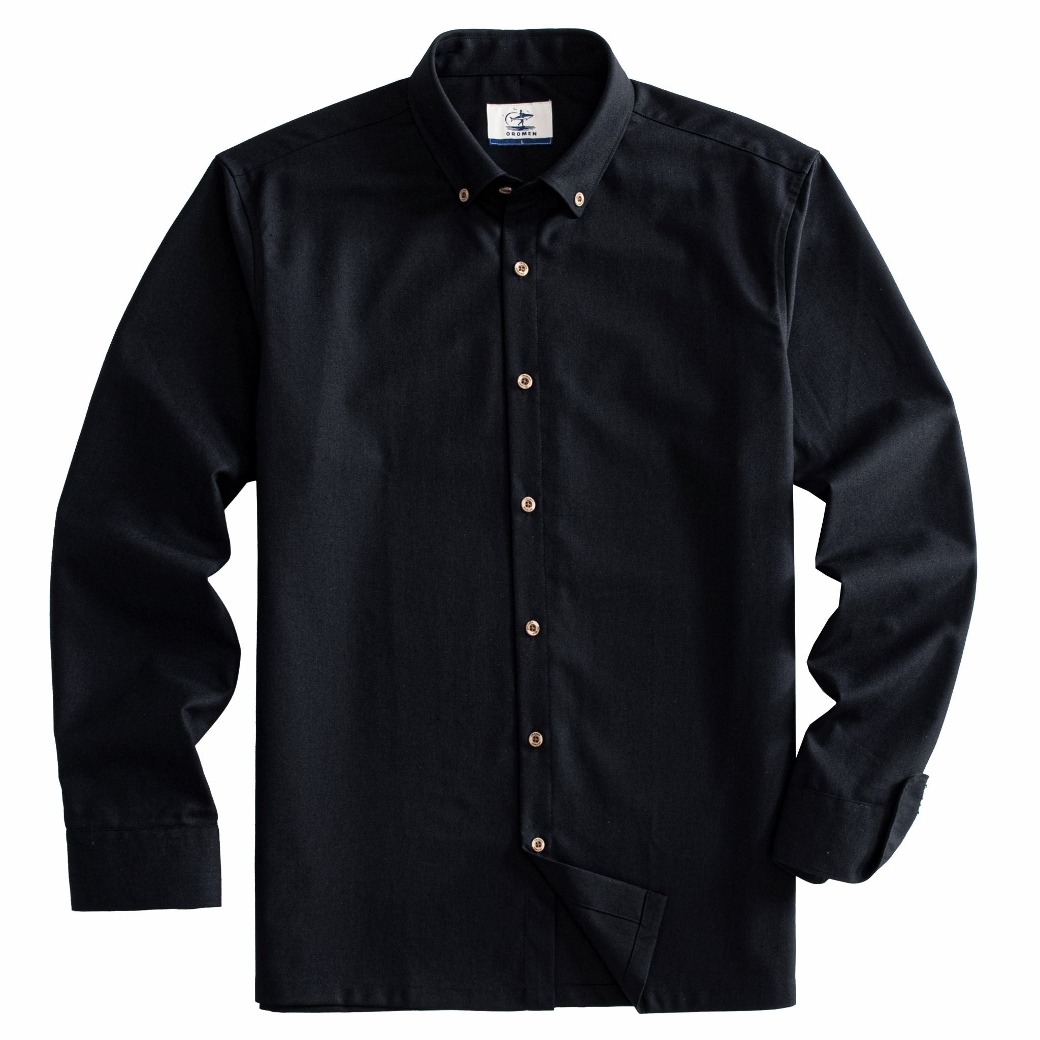 Front view of men's black long-sleeve linen-cotton button-down shirt, flat lay on white background