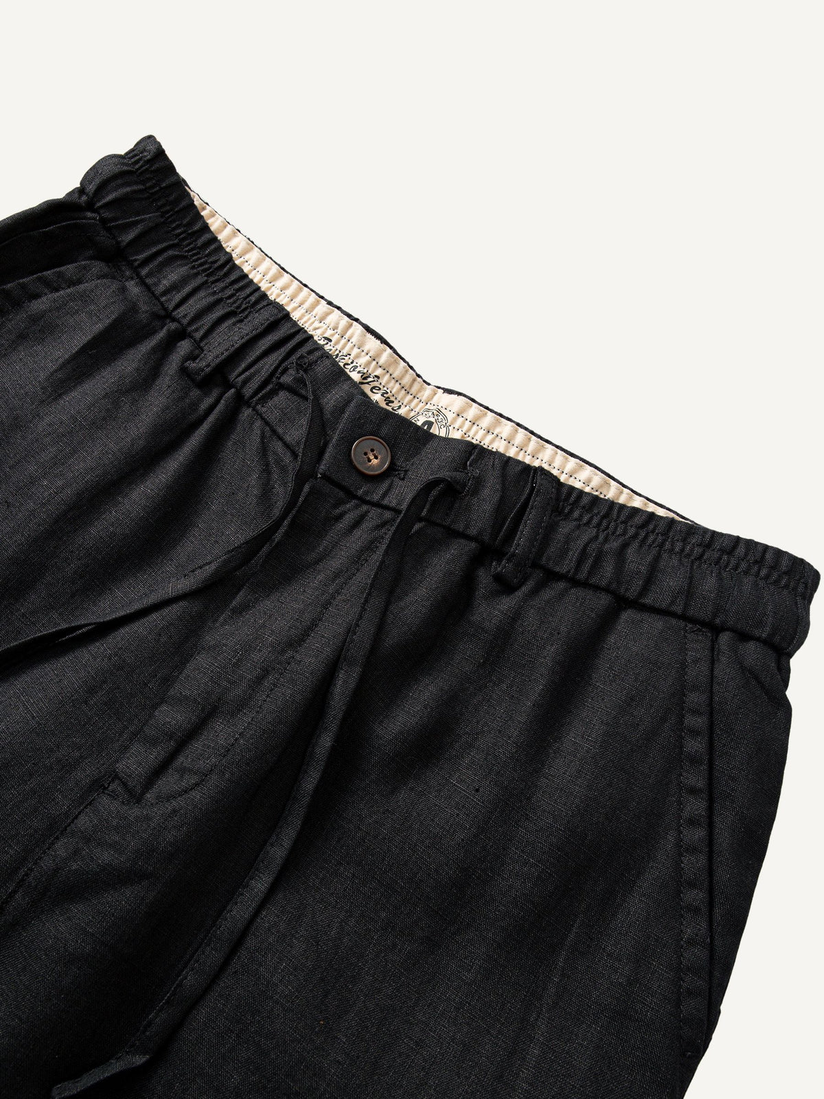 Front waistband detail of OROMEN Crosshatch Weave Drawstring Trousers with drawcord