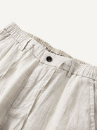 Front waistband detail of OROMEN Crosshatch Weave Relaxed Trousers with drawcord