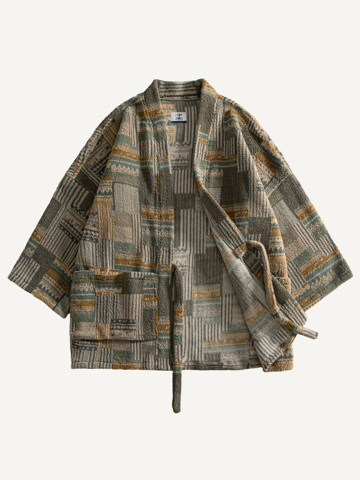 Front-flat-lay-of-OROMEN-architectural-mosaic-haori-kimono-jacket-with-one-side-open