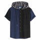 Front flat lay of OROMEN navy blue and black corduroy colorblock hooded shirt with plaid hood and antique brass buttons