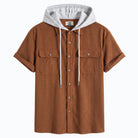Front flat lay of OROMEN rust brown hooded short-sleeve shirt with heather grey hood and dual flap chest pockets