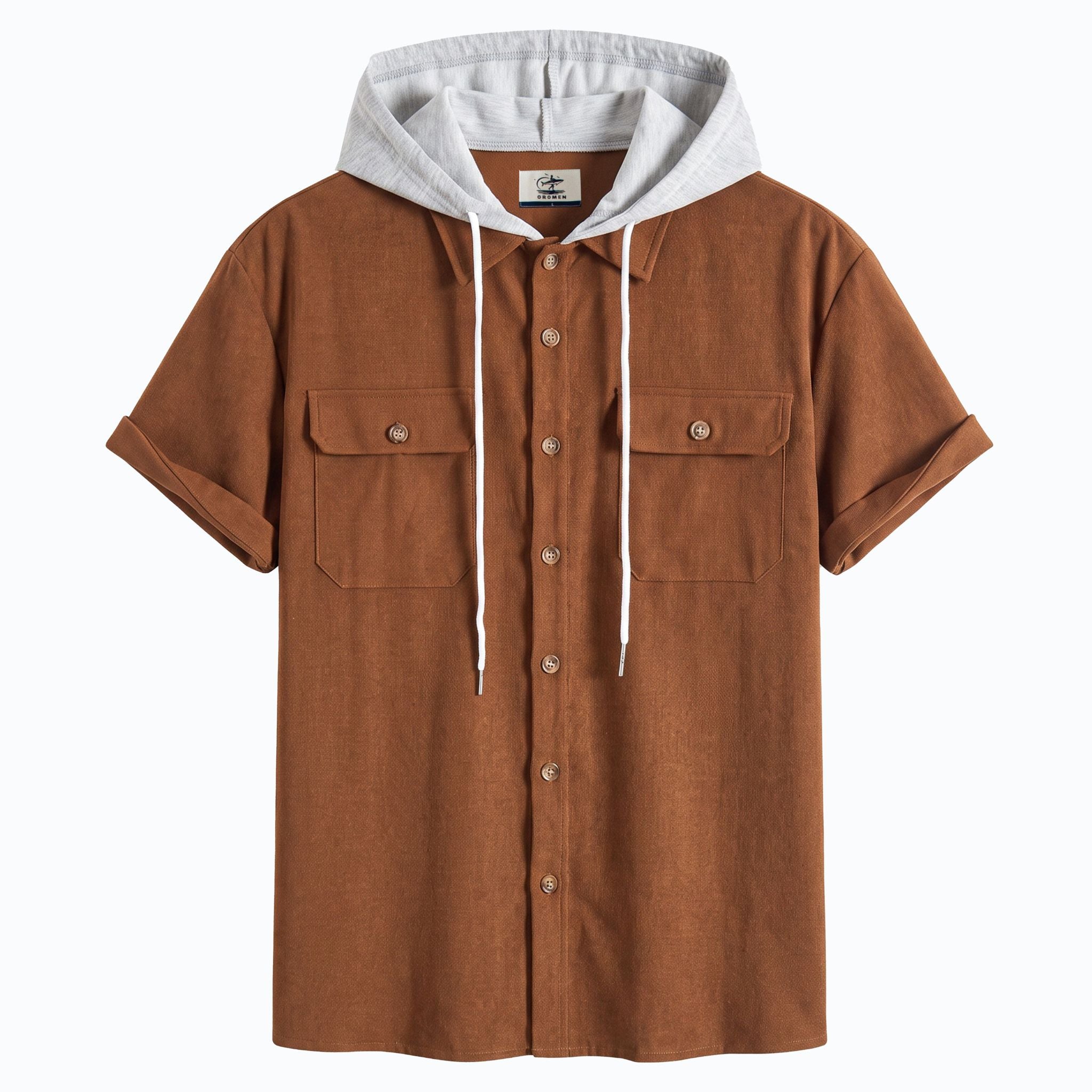 Front flat lay of OROMEN rust brown hooded short-sleeve shirt with heather grey hood and dual flap chest pockets