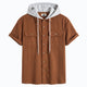 Front flat lay of OROMEN rust brown hooded short-sleeve shirt with heather grey hood and dual flap chest pockets