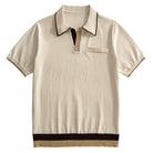 Front flat lay of men's cream retro contrast tipping knit polo shirt on white background – OROMEN
