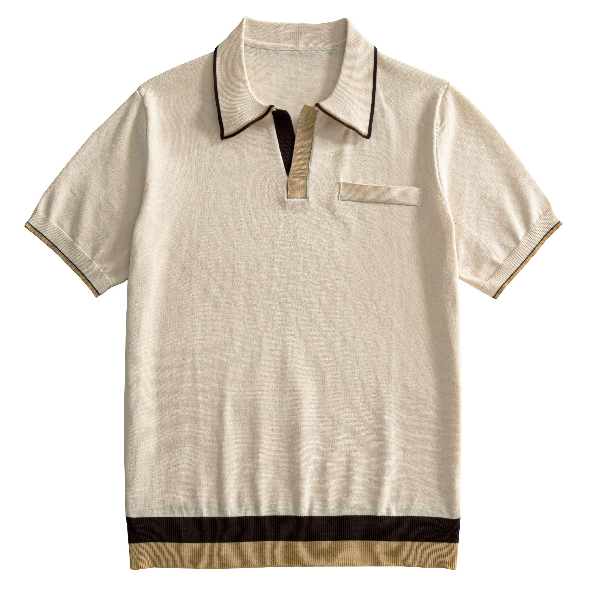 Front flat lay of men's cream retro contrast tipping knit polo shirt on white background – OROMEN