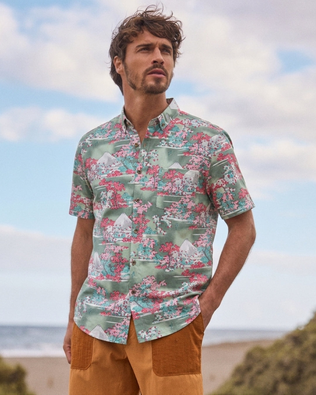 Fuji Sakura Breeze Japanese Ukiyo-e Shirt - in Model