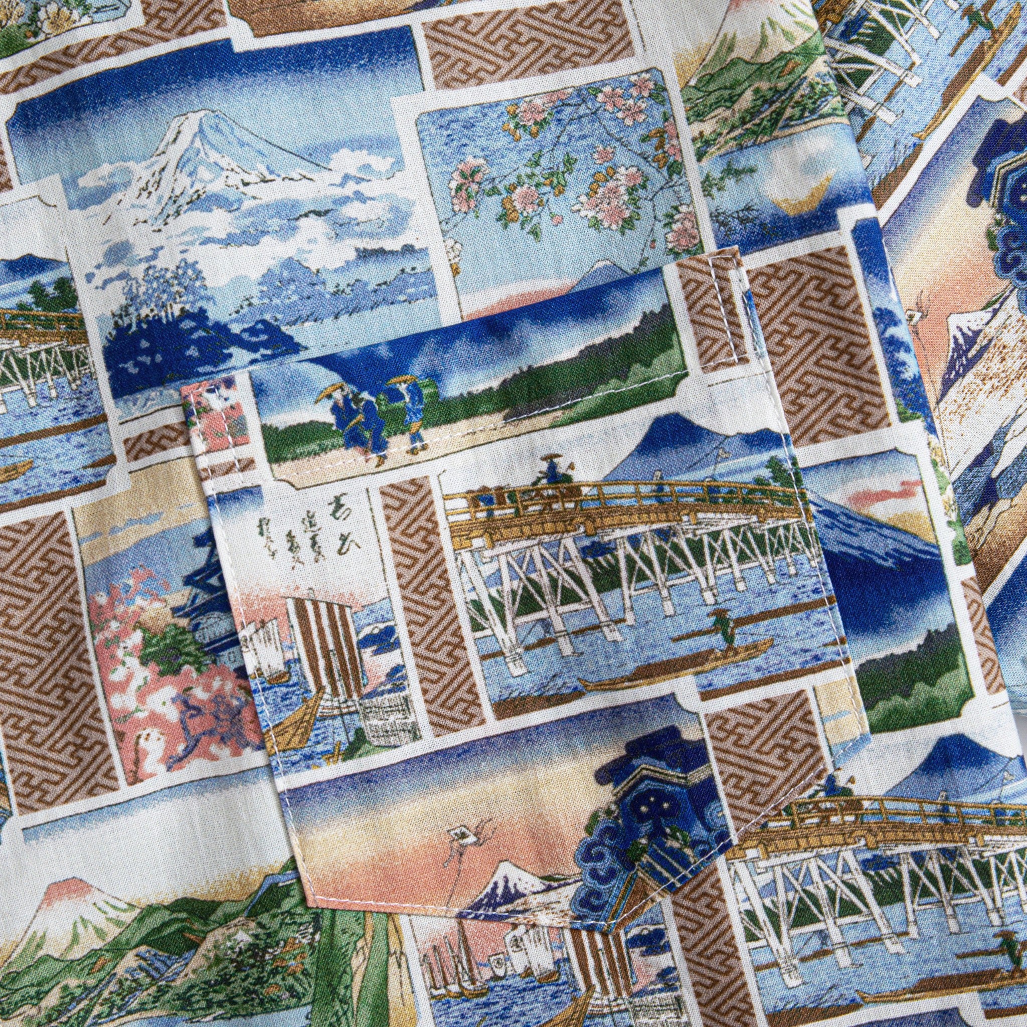 Full view of vintage Ukiyo-e postcard print aloha shirt with Japanese landscape motifs