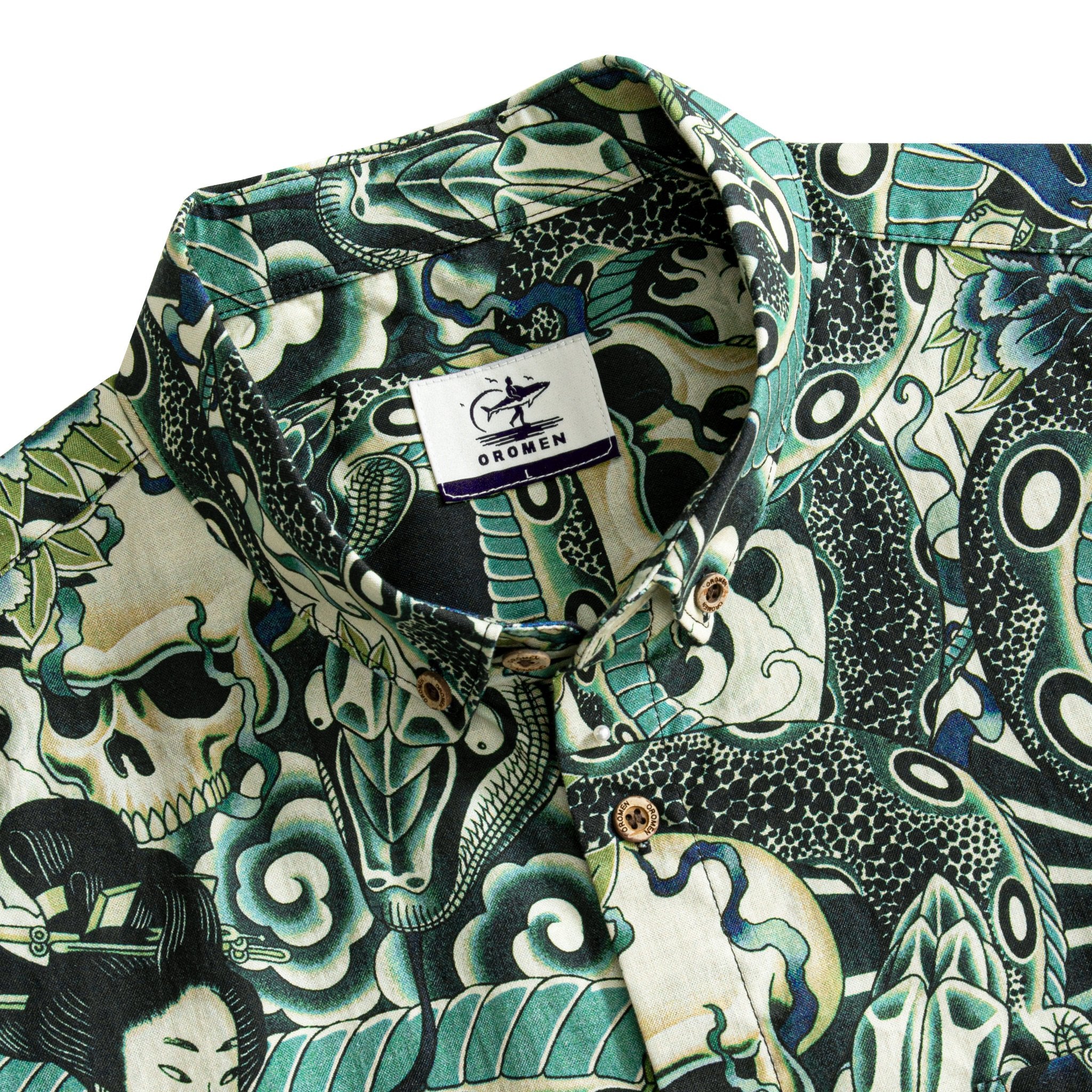 Geisha Skull Snake Short Sleeve Button-Down Collar Shirt