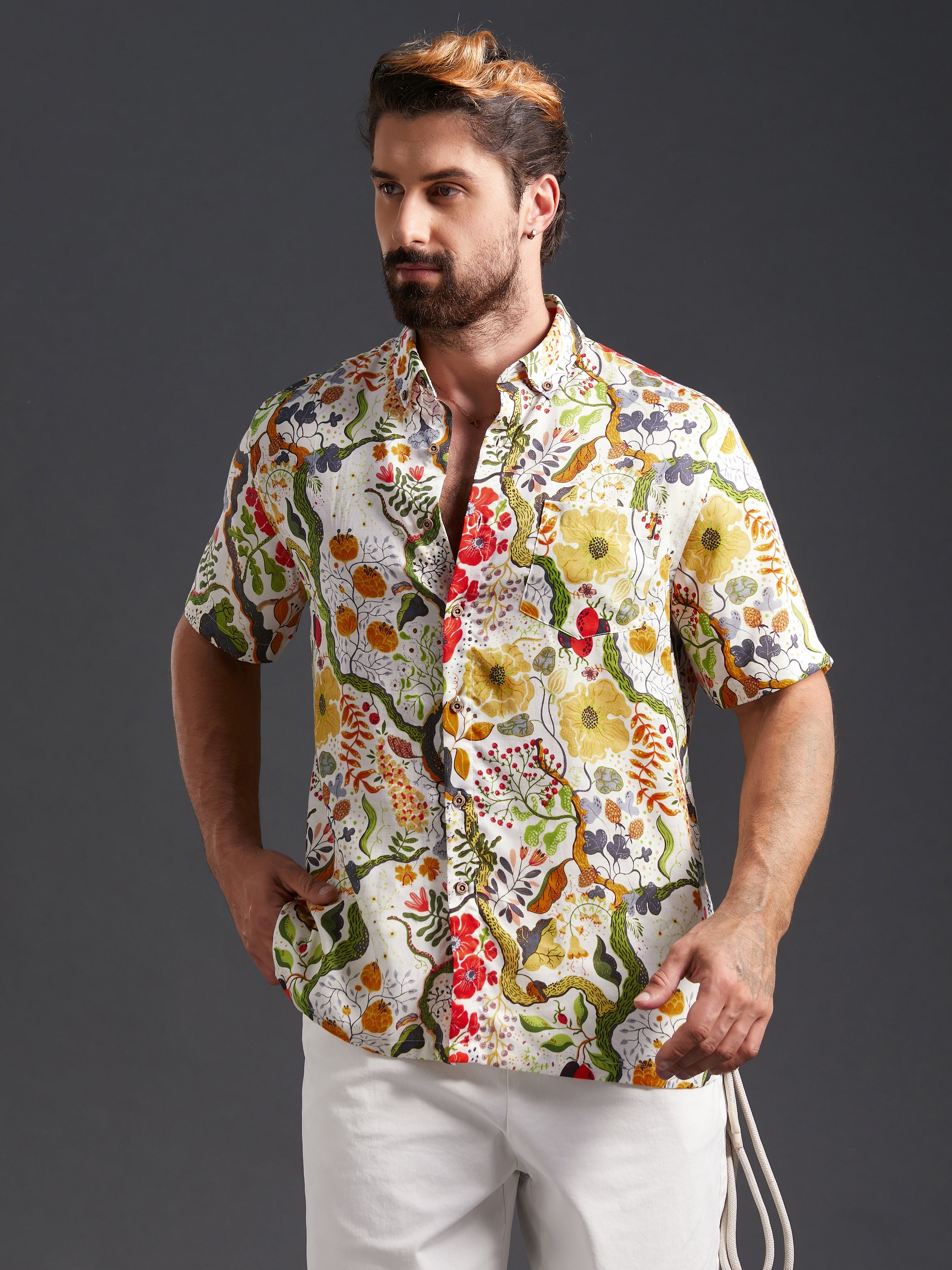 CURRENTAGE MURAI DESIGN SHIRT（BOTANICAL） Germination Lyocell Linen Shirt - Japanese Botanical Print | OROMEN