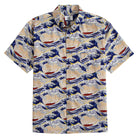 Hokusai Great Wave aloha shirt featuring iconic ukiyo-e art with Mount Fuji on beige cotton