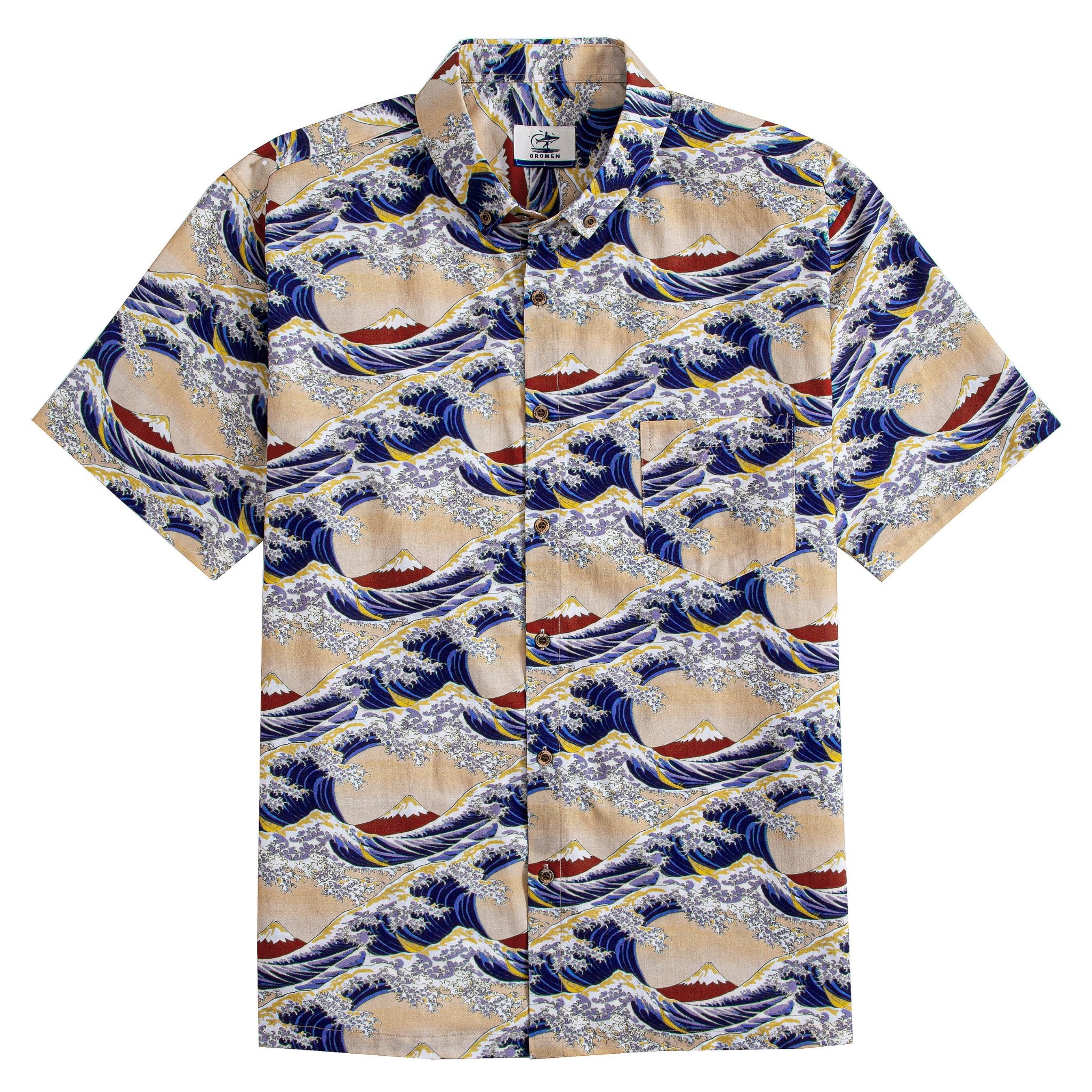 Hokusai Great Wave aloha shirt featuring iconic ukiyo-e art with Mount Fuji on beige cotton