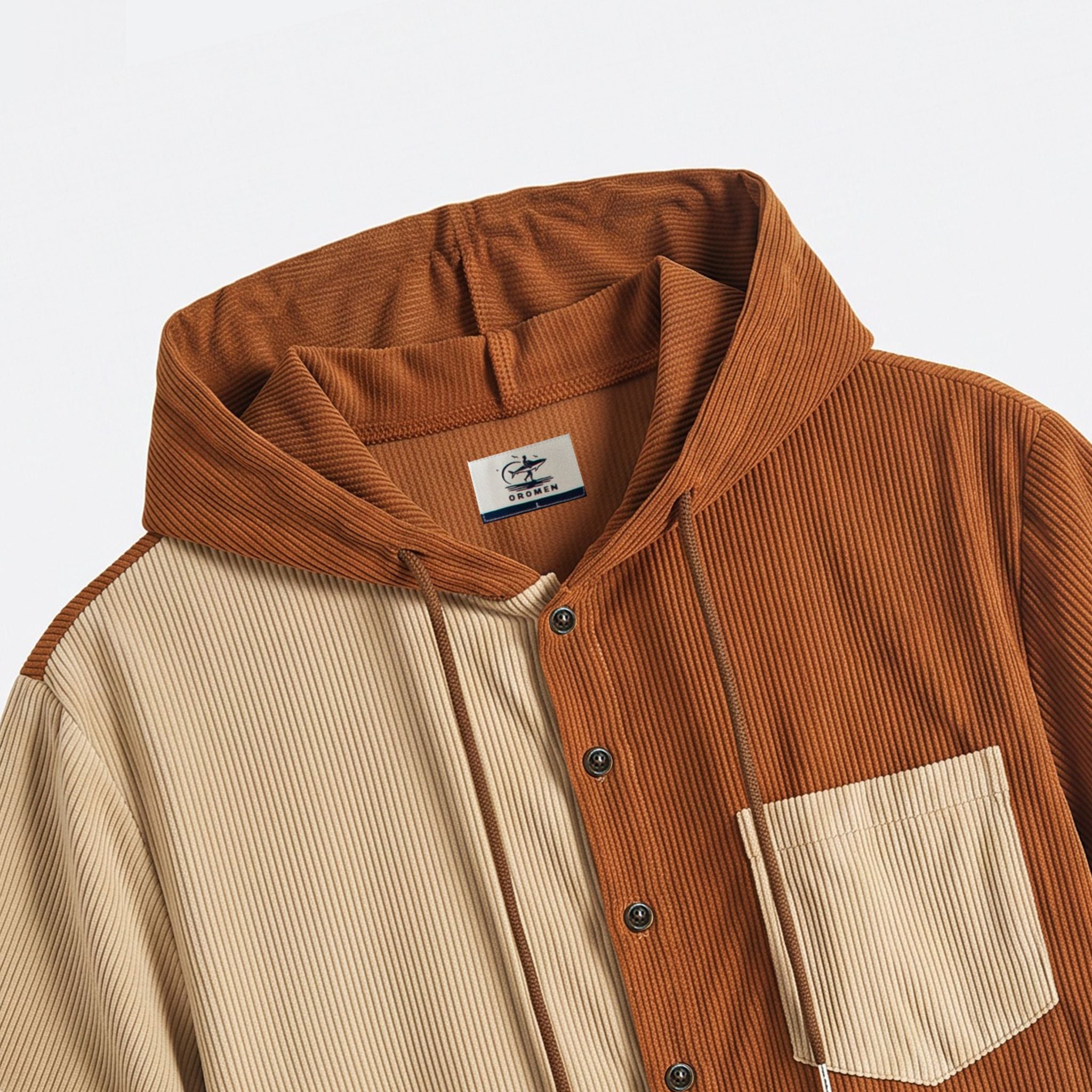 Hood‑interior‑and‑OROMEN‑brand‑label‑close‑up‑on‑rust‑and‑beige‑corduroy‑hooded‑shirt