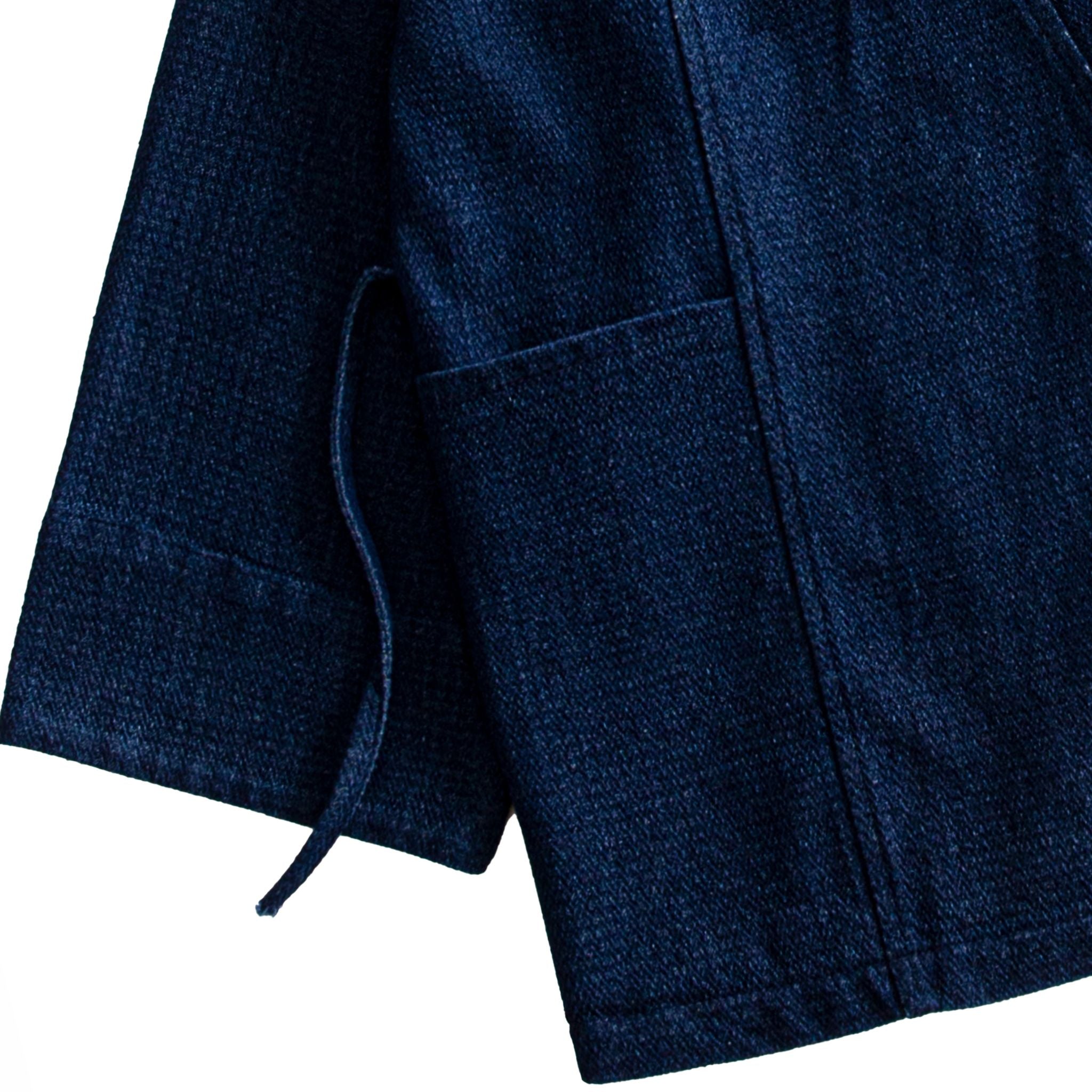 Indigo Denim Haori – Patch Pocket and Tie Cord Detail, Cotton-Linen
