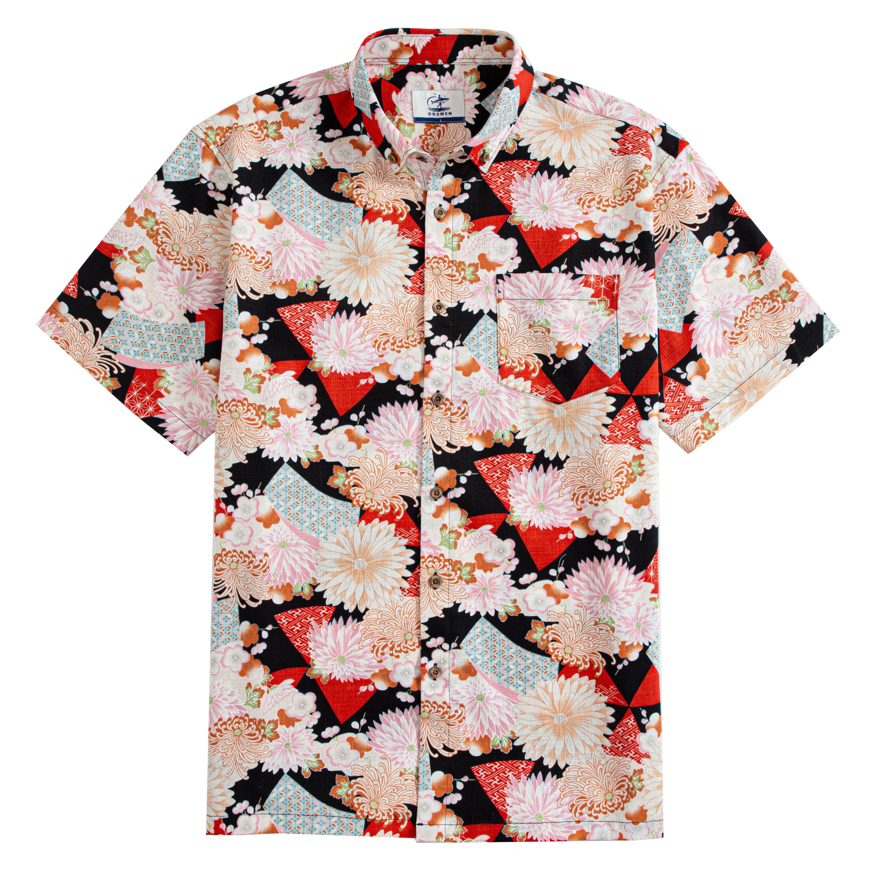 OROMEN Men's 100% Cotton Button-Down Short Sleeve Japanese Ukiyo-e