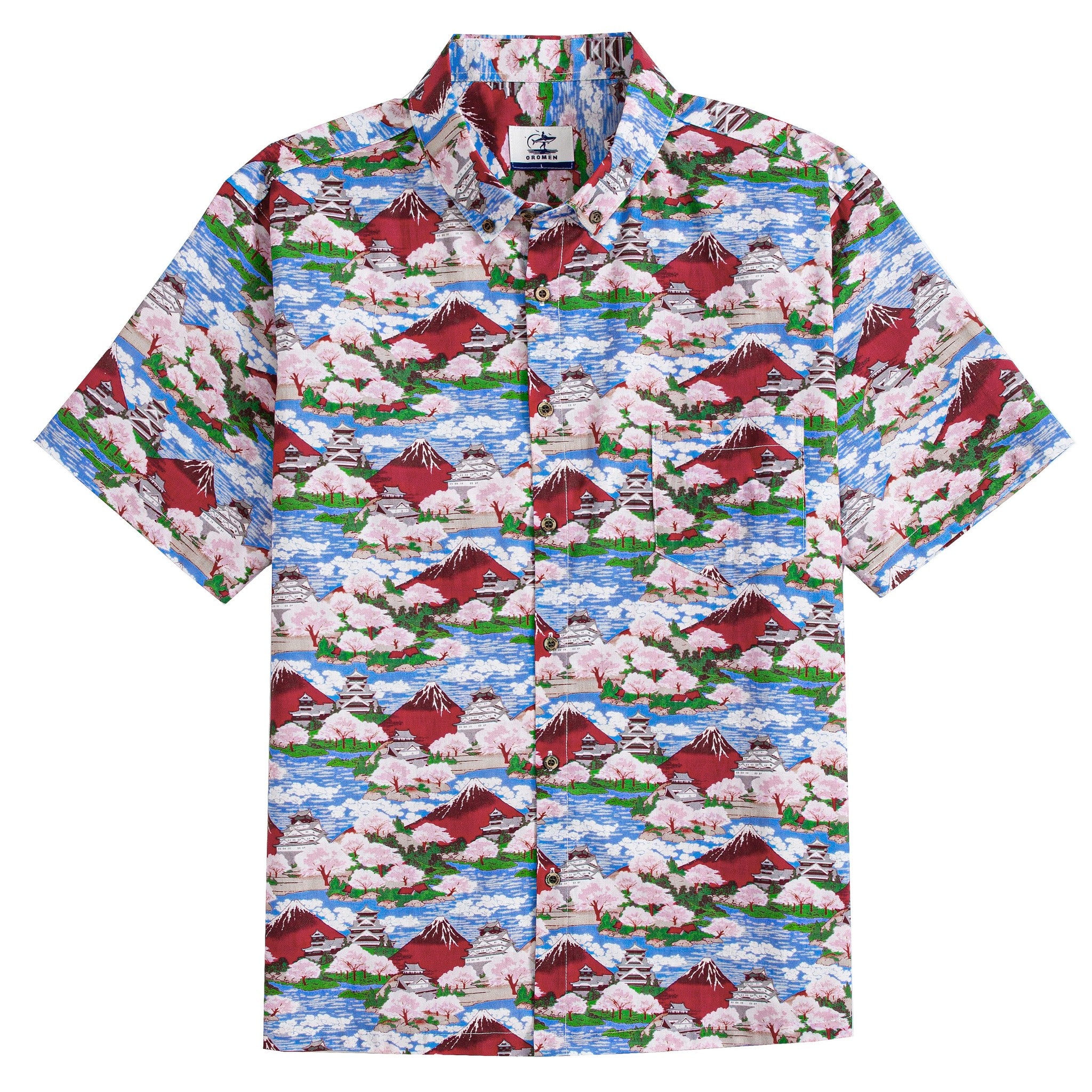 Japanese Ukiyo-e aloha shirt featuring Mount Fuji cherry blossoms and traditional castle print in blue