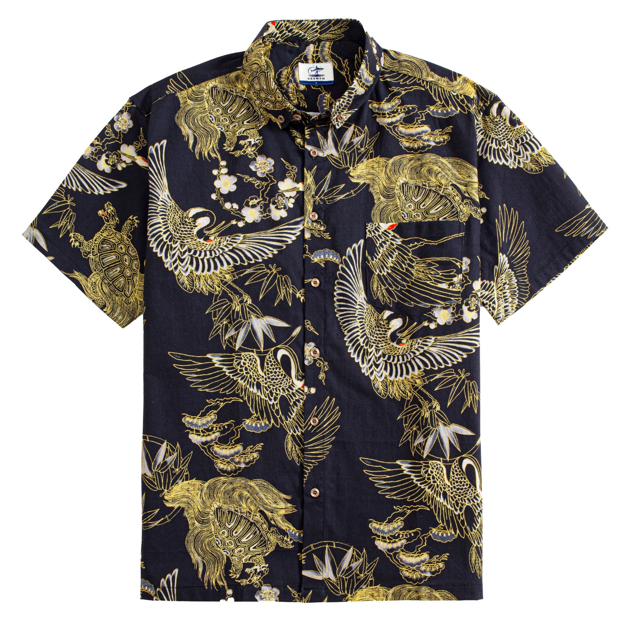 Japanese Ukiyo-e crane print cotton shirt with gold accents - Crane Elegance by OROMEN
