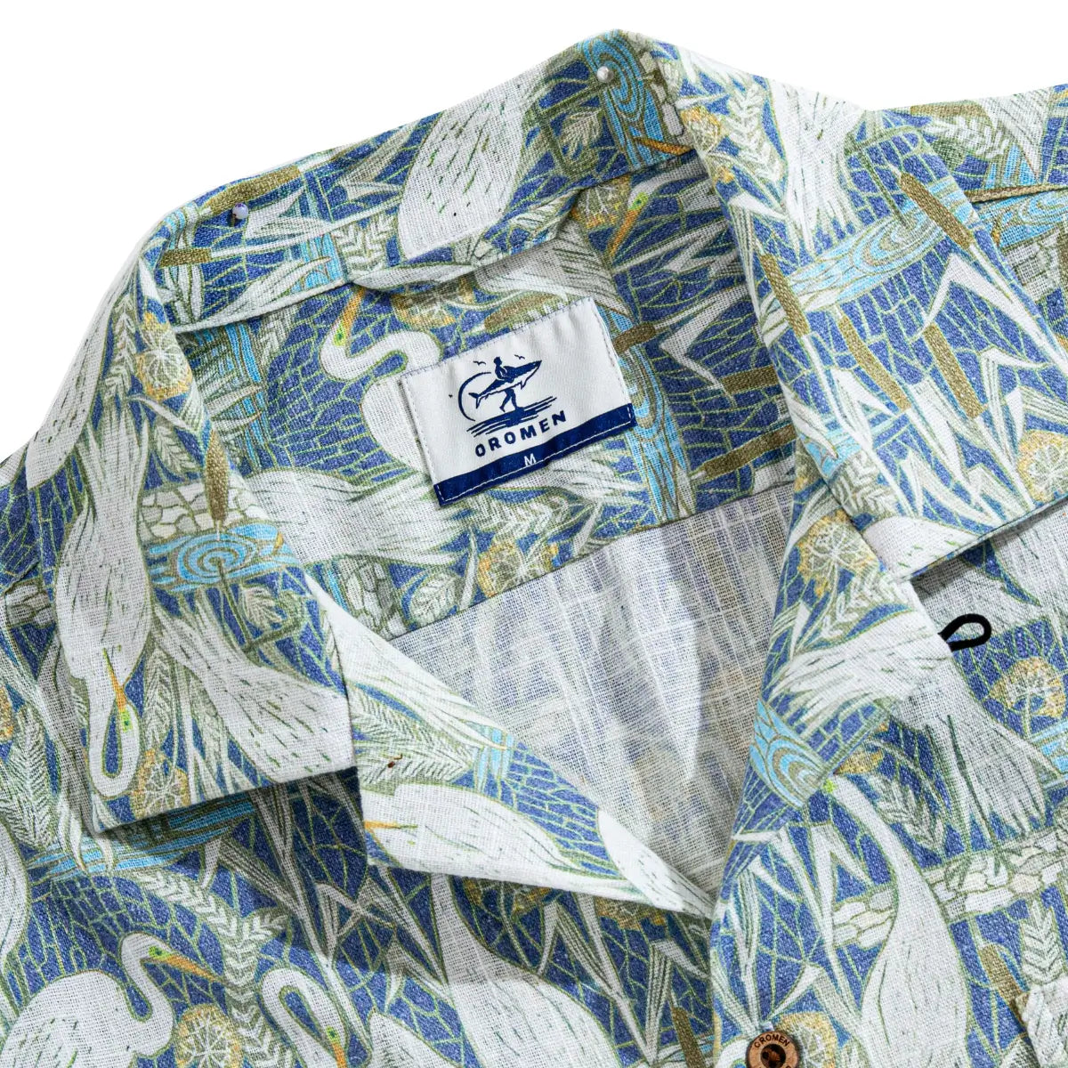 Japanese Ukiyo-e inspired crane motif on green linen aloha shirt